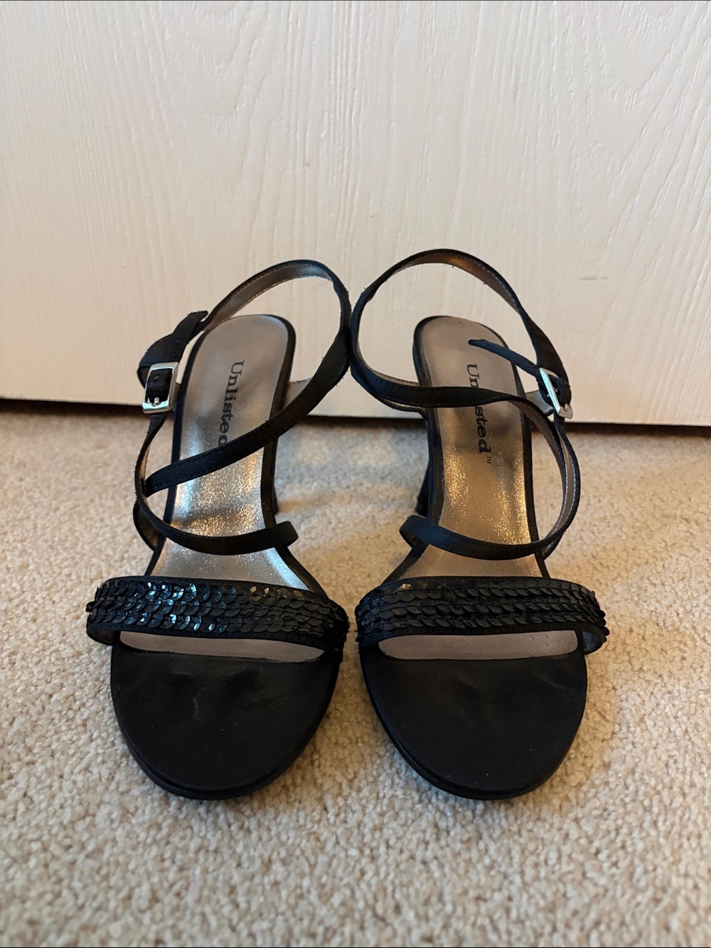Unlisted by Kenneth Cole Black Strappy Sequin Sandals with Slingback